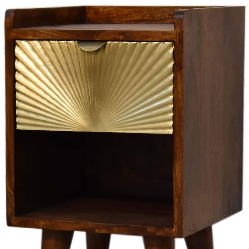 HomeRoots 20" Chestnut And Gold Solid Wood Carved Geometric One Drawer Nightstand