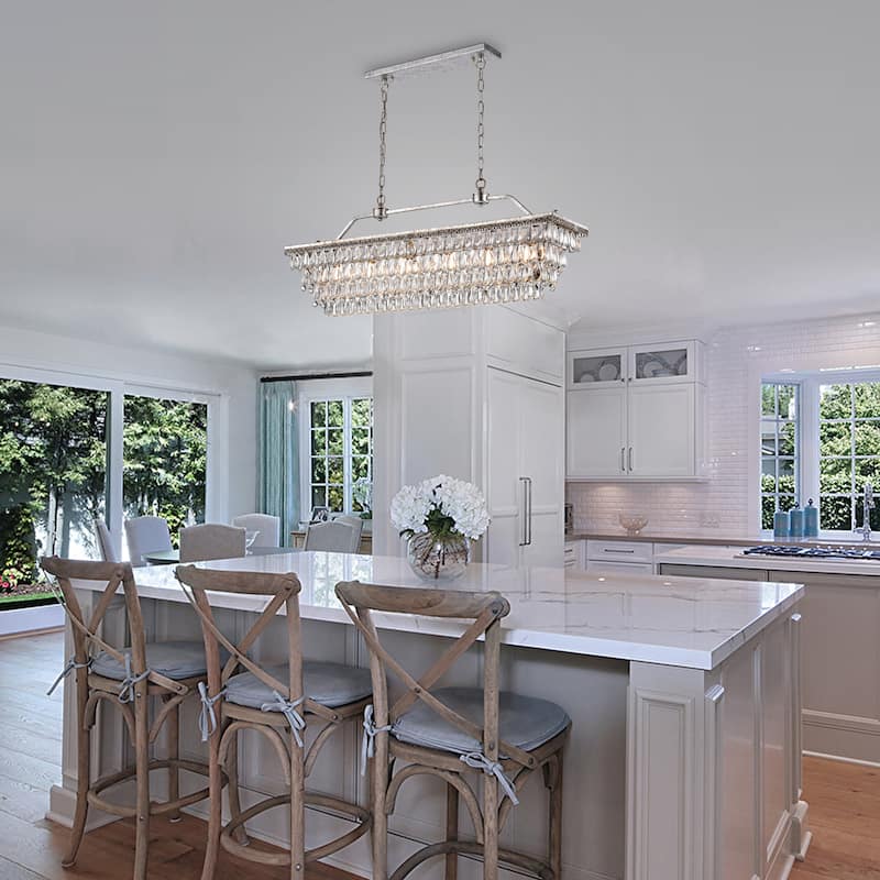 Antique Silver 6-Light Rectangular Kitchen Island Lighting with Crystal Hanging - Antique Silver