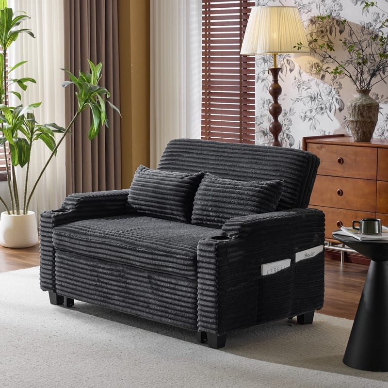 Upholstered Corduroy Convertible Reclining Sleeper Sofa Bed With Cushions For Small Spaces