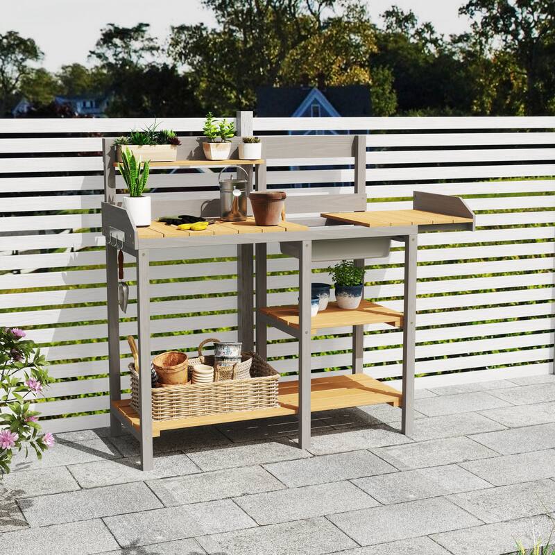 Outdoor Potting Table Bench with Spacious Top and Open Shelf, Wooden Garden Workstation Table for DIY Projects