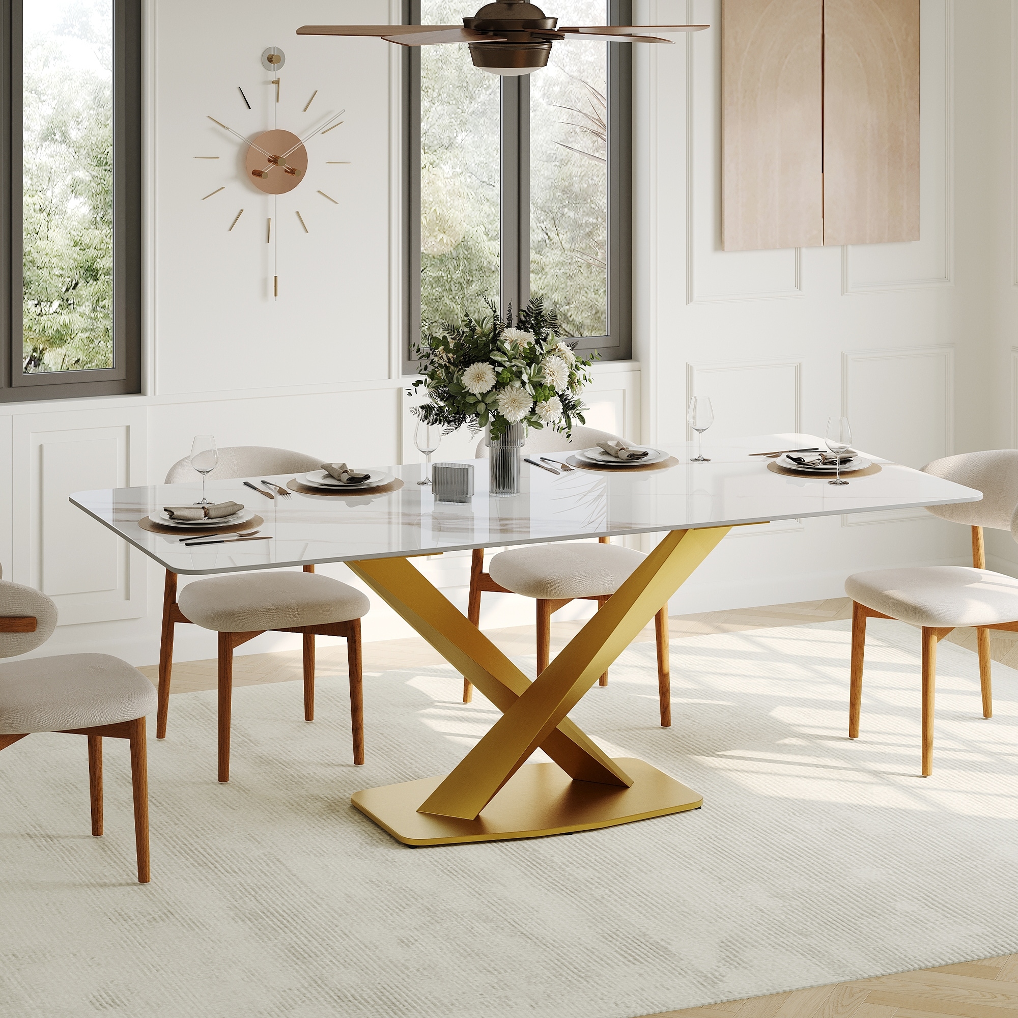 Modern Rectangular Dining table with Glossy Sintered Stone Table top, White Kitchen Table with Stainless Steel Legs