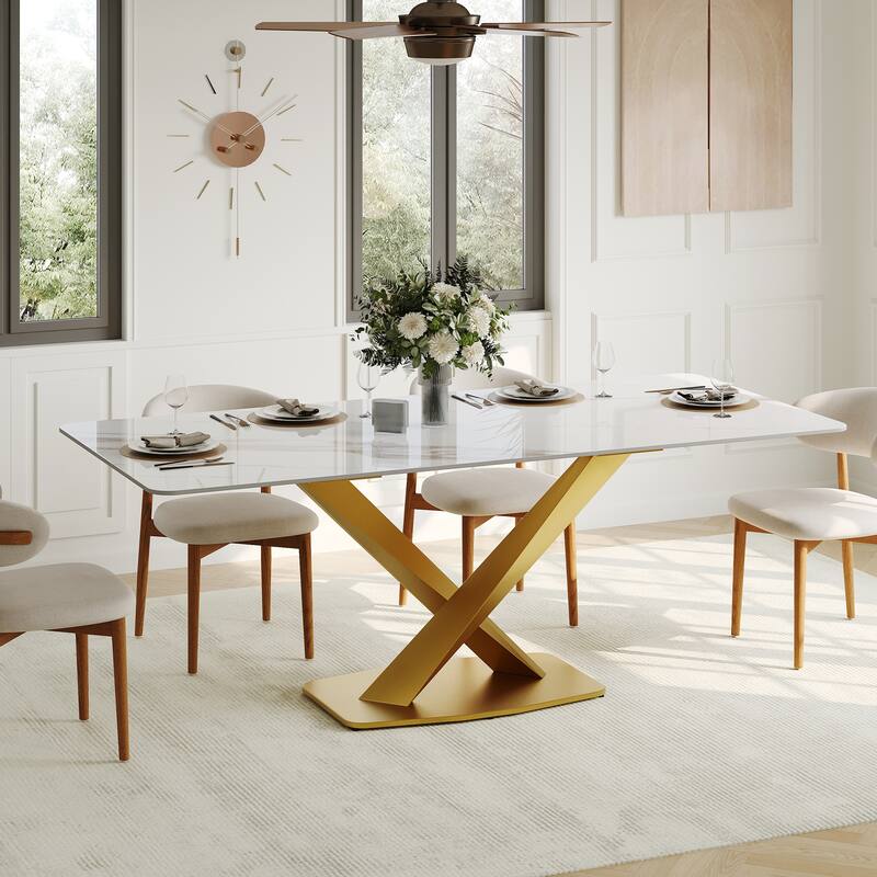 Modern Rectangular Dining table with Glossy Sintered Stone Table top, White Kitchen Table - 71 - Gold Leg