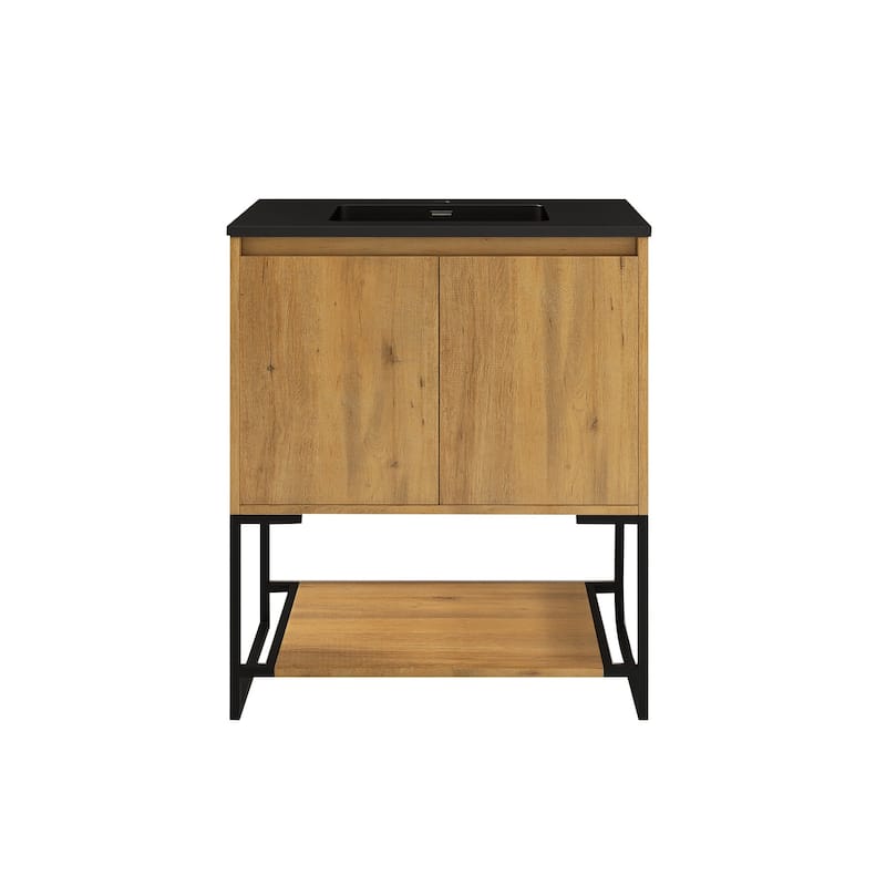 Freestanding Bathroom Vanity Set in Oak with Integrated Solid Surface Sink