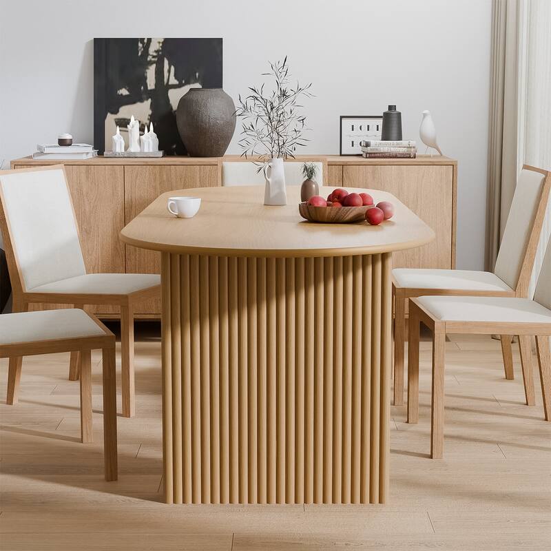 Large Oval Dining Table Seats 4-6 Modern Farmhouse Kitchen Table with Wood Strip Base for Home Living Room Kitchen Bar