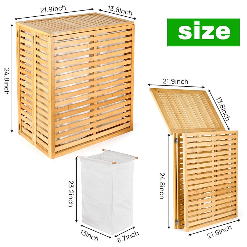 Natural Bamboo Dual-Section Laundry Hamper Foldable with Removable Liner & Ventilated Lid - 21.69""L x 13.85""W x 25.39""H