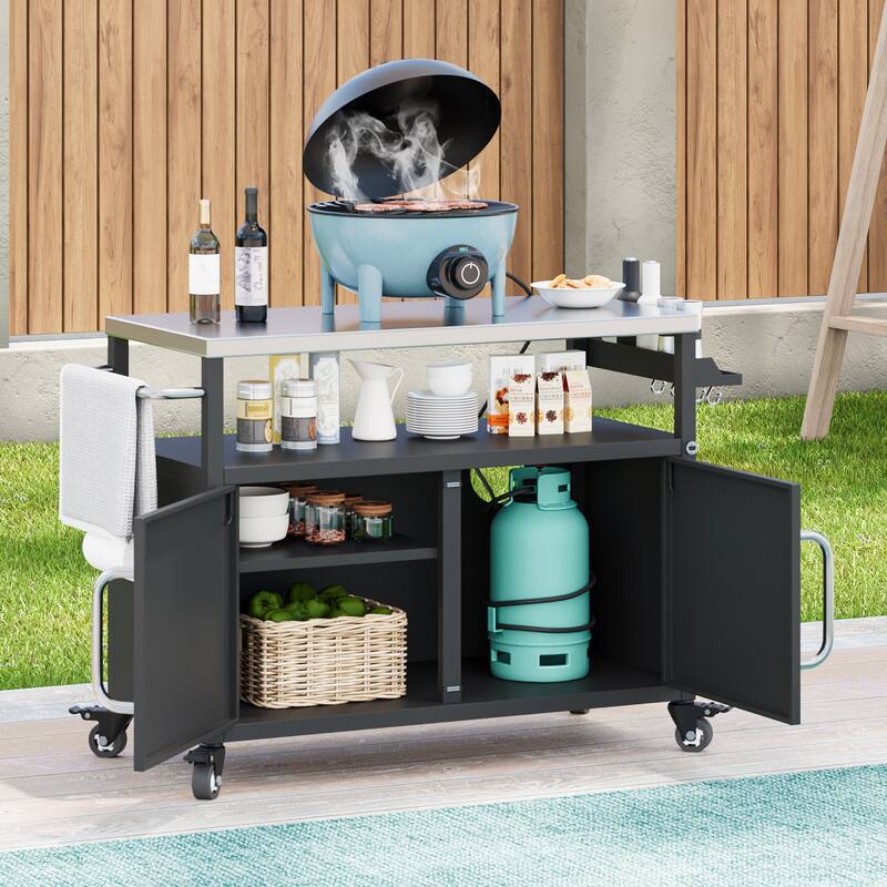 Metal Kitchen Island with Stainless Steel Tabletop, Rolling Spice Storage Cabinet w/Towel Rack and 4 Lockable Wheels for Kitchen