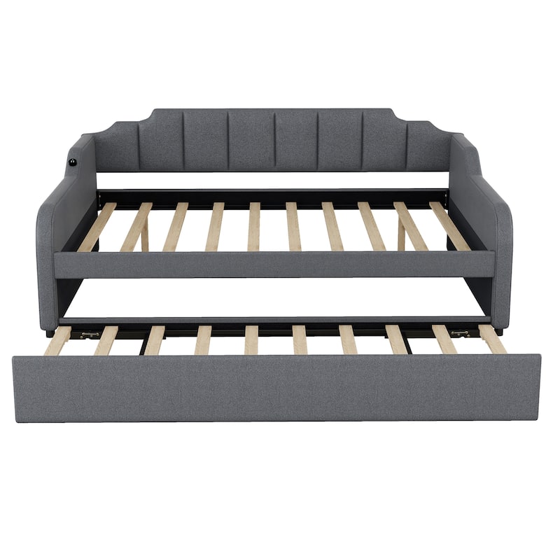 Full Size Upholstered Daybed with Pull-Out Trundle and USB Charging, Gray