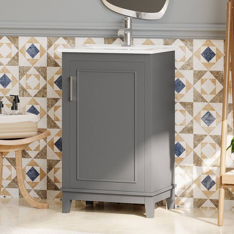20" Modern Bathroom Vanity with Ceramic Sink, Soft-Close Door & Storage Shelf -Space-Saving Design.