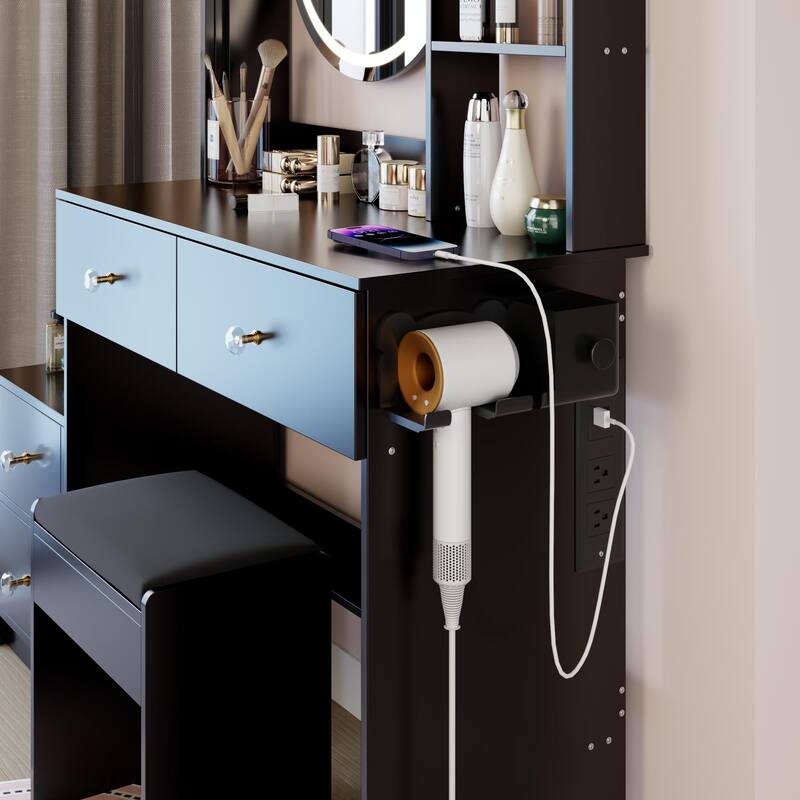 Full Body Mirror Cabinet +Round Mirror LED Vanity Table +Cushioned Stool,With 2 AC + 2 USB Power Station,17"Diameter LED Mirror