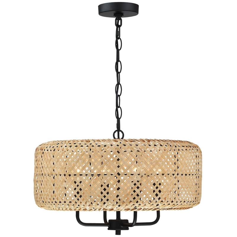 4-Light Bohemian Bamboo Drum Chandelier - Black/Wheat - 19.7 in. W