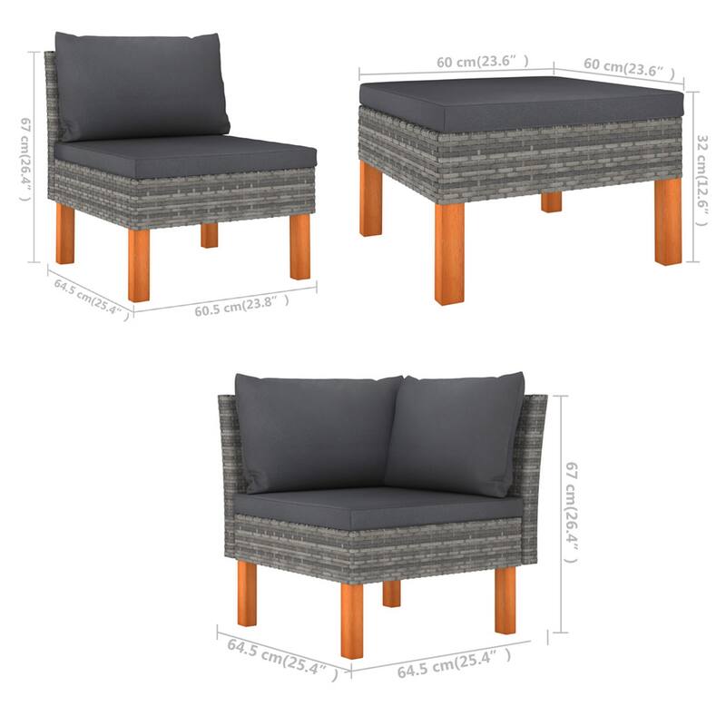 Feno 6pc Outdoor Modular Lounge L Sofa, 3 Ottomans, Dark Gray Rattan