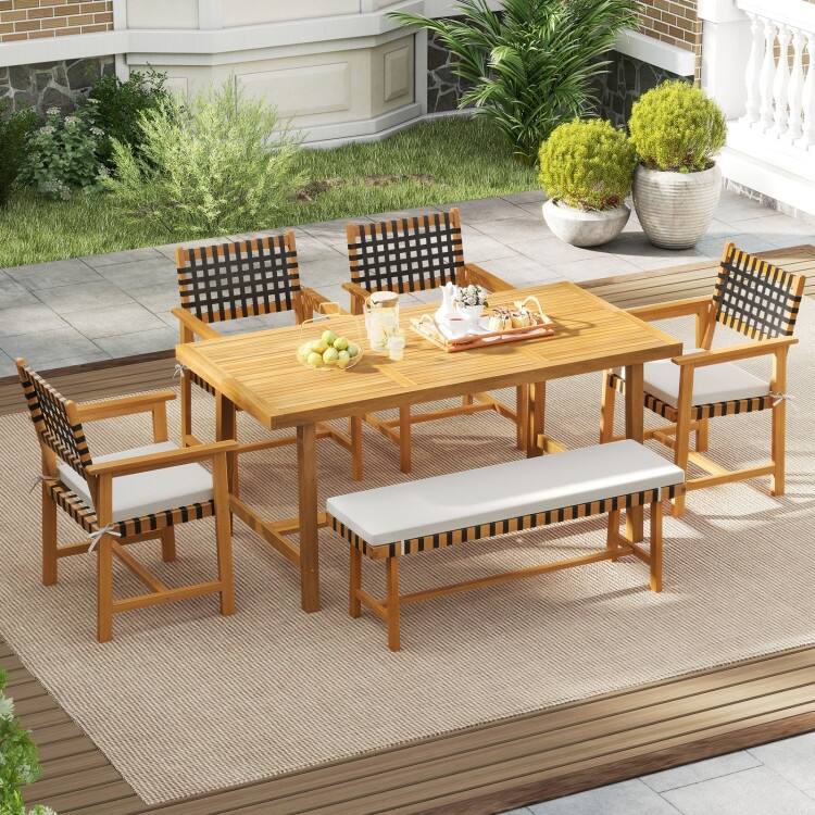 Natural-Off White Acacia Wood Outdoor Dining Chairs Set of 2 with Cushions - 23” x 22.5” x 34” (L x W x H)