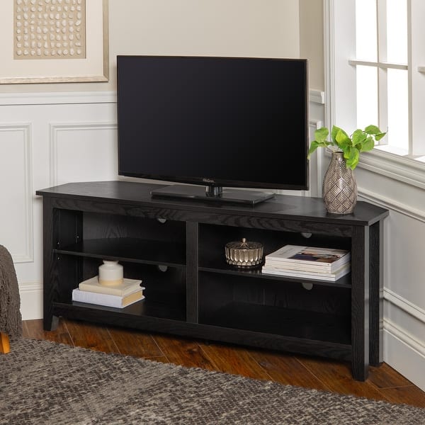 Ogden 58 Inch Black Corner Tv Stand Console With Open Shelving Overstock 10309751