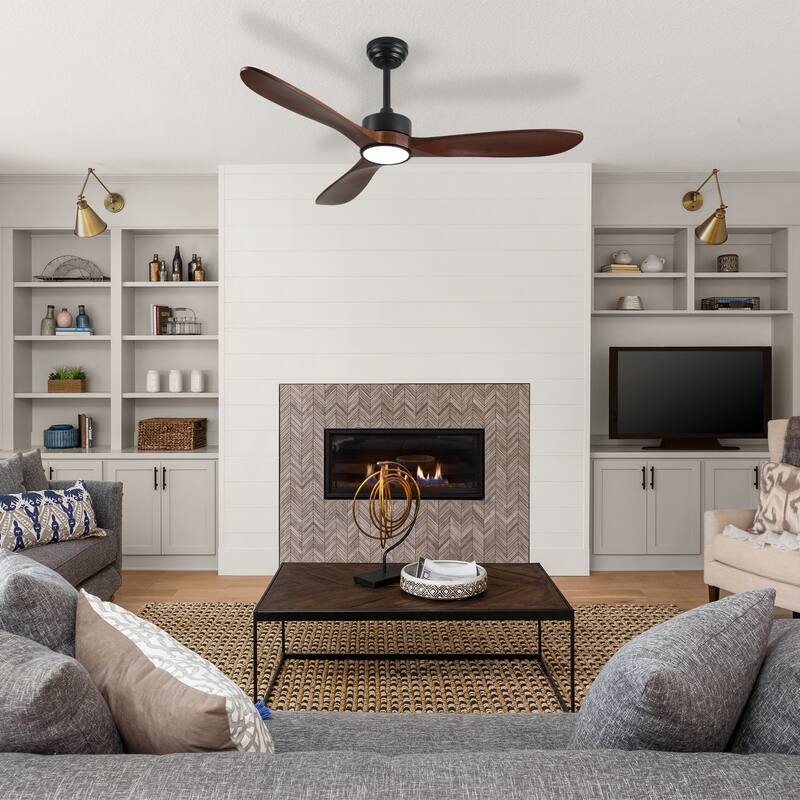 52 Inch Ceiling Fan with Light, 3 Solid Wood Blades,Remote Control,6-speed Reversible DC Motor - Black,Walnut