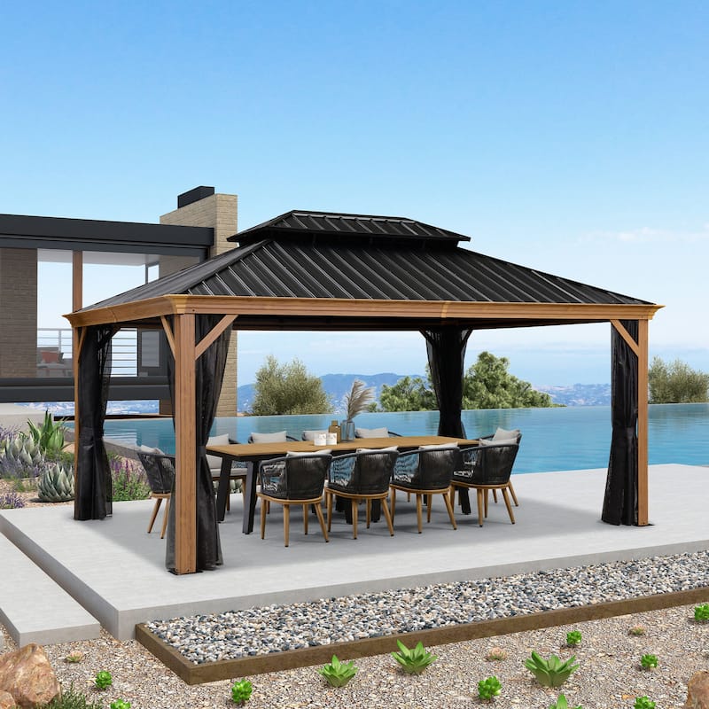 PURPLE LEAF Hardtop Gazebo Galvanized Steel Roof Gazebo Pergola w Wooden Coated Alumninum Frame and Mosquito Net - 12ft x 16ft - Wood Grain