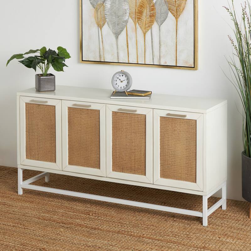 Wooden 4 Door Sideboard with Brown Woven Rattan Doors and Metal Base - White - Roche River Decor - 16"W x 60"L x 31"H