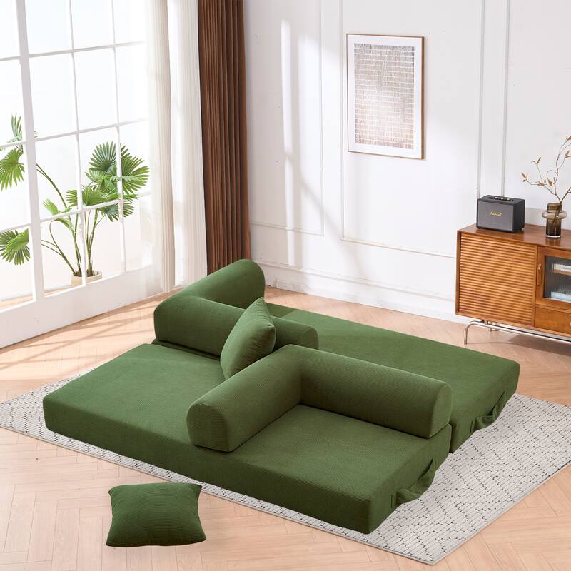 Convertible Sofa Bed, Folding Floor Couch Loveseat with Pillows, Corduroy Multi‑Mode Lounger, Sleeper Mattress