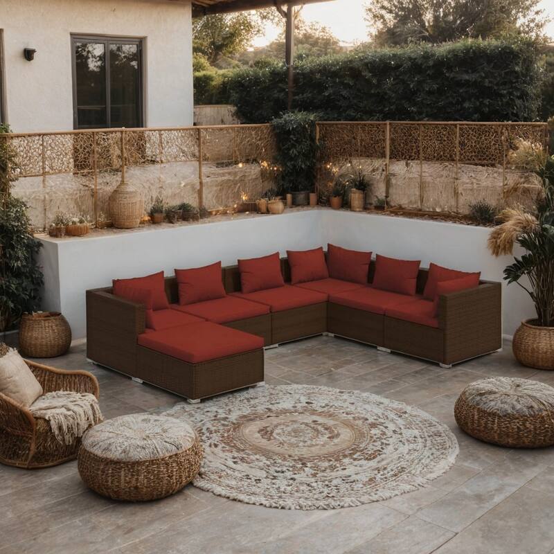 Joez 7pc Outdoor Modular Lounge Sofa Set, Footrest, Brown Rattan, Red