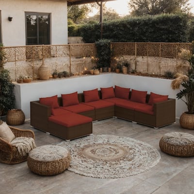 Joez 7pc Outdoor Modular Lounge Sofa Set, Footrest, Brown Rattan, Red