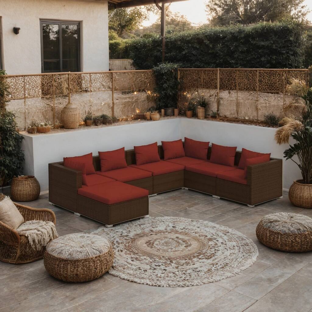 Joez 7pc Outdoor Modular Lounge Sofa Set, Footrest, Brown Rattan, Red