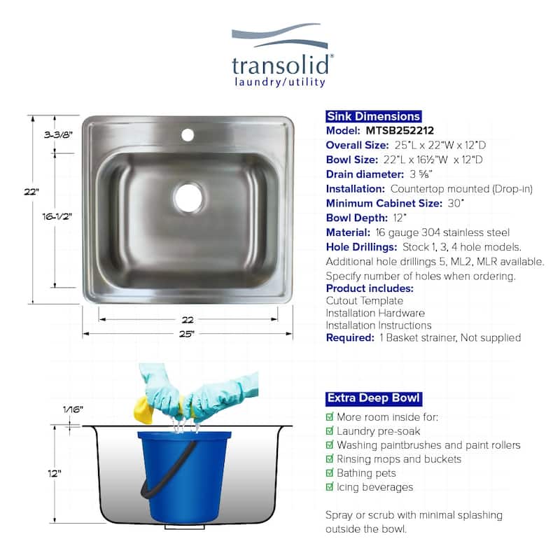 Transolid TRS_K-MTSB252212-1 Meridian 25" Drop In Single Basin - Brushed Stainless
