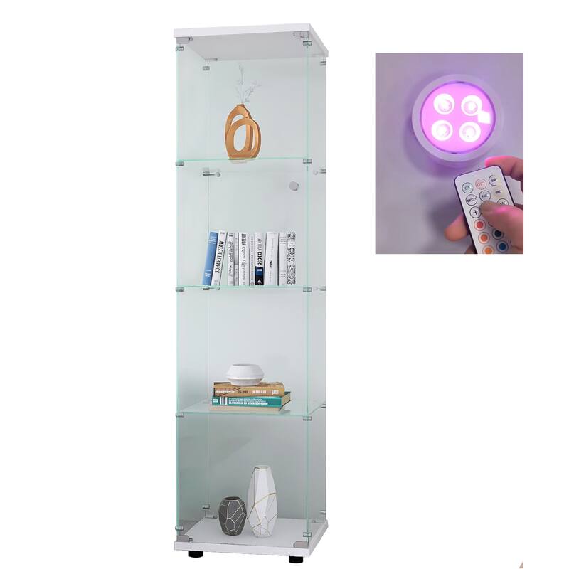 Lighted 4 Shelves Glass Cabinet Glass Display Cabinet with One Door, White