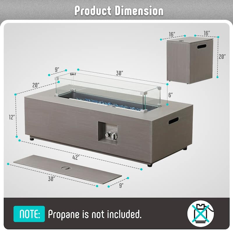 Werph 12"H Propane Fire Pit Table Set, 50,000 BTU, Wind Guard, Glass Stones, Smoke-Free