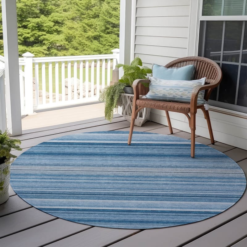 Machine Washable Indoor/ Outdoor Chantille Multi Stripe Rug - Blue - 8' x 8'