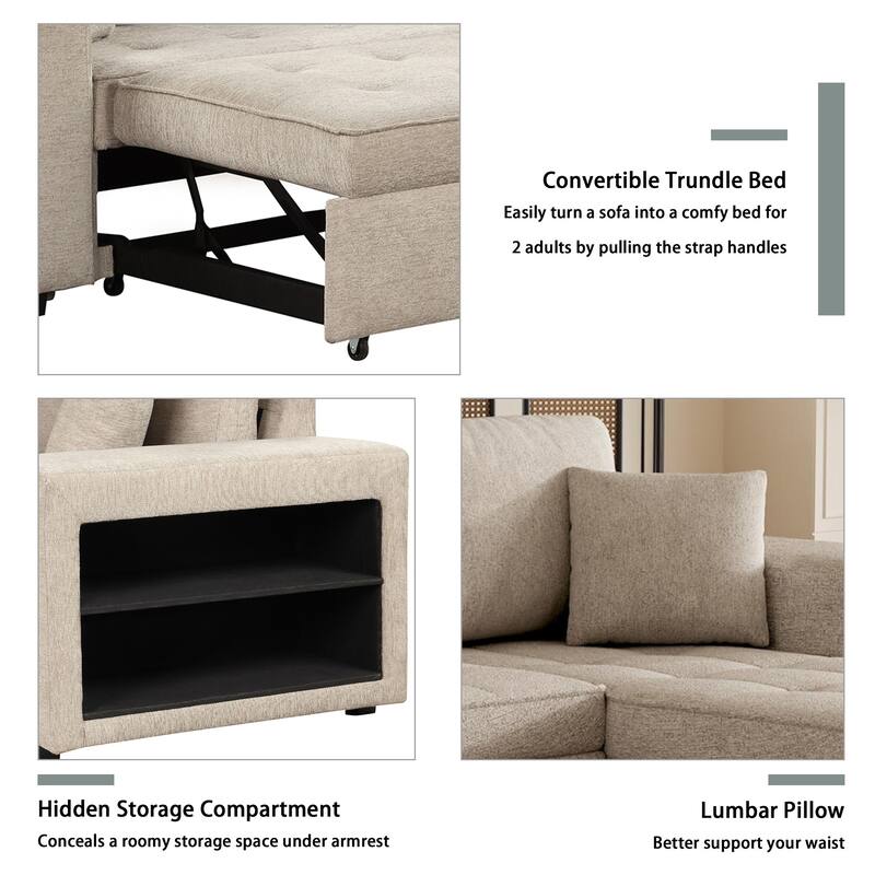 Brown 104.5" Charcoal L-Shaped 3-Seater Convertible Sofa with Pull-Out Bed, Storage Chaise, and 2 Stools for Convenient Living