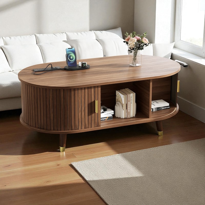42.5'' Oval Fluted Coffee Table with Charging Station, Mid-Century Tambour Door Center Table with Solid Wood Legs