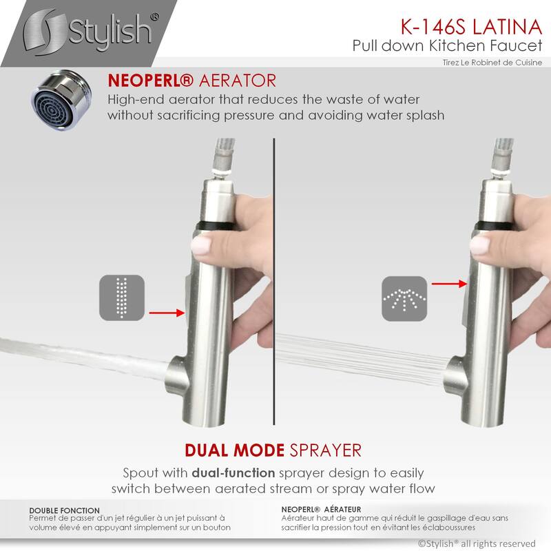 STYLISH Kitchen Sink Faucet Single Handle Pull Down Dual Mode in Stainless Steel