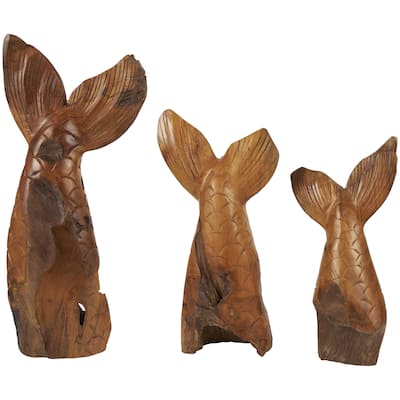 Teak Wood Whale Handmade Tail Live Edge Decorative Sculpture with Intricate Carvings - Set of 3 Brown - Roche River Decor