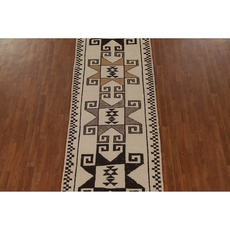 Tribal Beige Plush Anatolian Turkish Runner Rug Handmade Wool Carpet - 3'7"x 11'2"