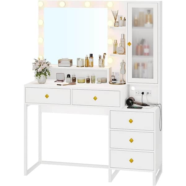 Vanity Table Set With LED Mirror & Chair - Makeup Desk With Wireless Charging, 5 Drawers, USB Port, White Bedroom Furniture-580741