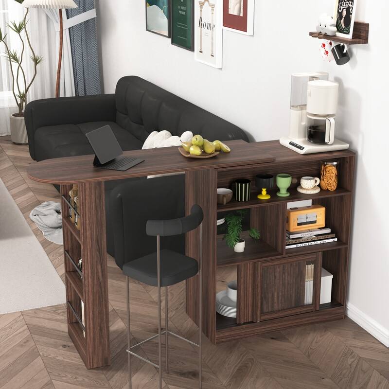 Walnut Modern Bar Cabinet with Rotating Top and Glass Doors