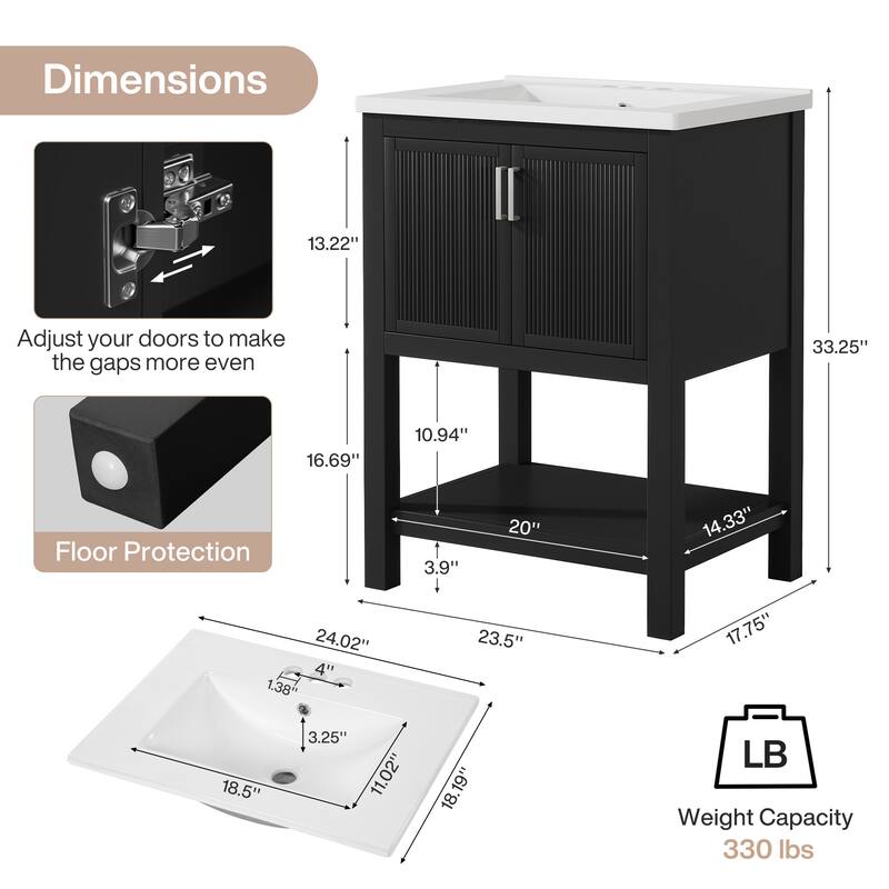 23.5 Inch Single Bathroom Vanity With Ceramic Top, Sink Included