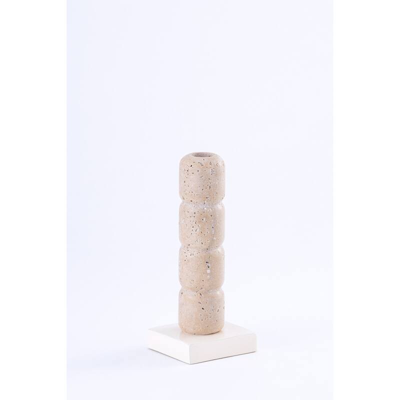 Travertine T-Light Medium Candle Holder with Aluminum Base - 7.75" - Beige