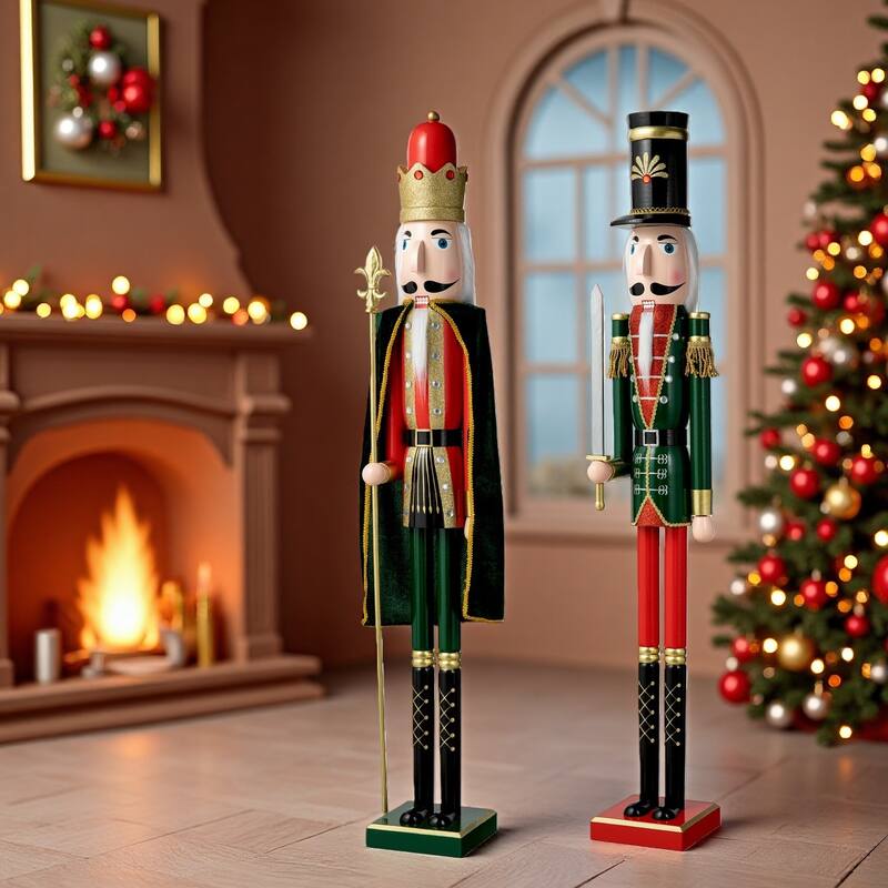 Glitzhome 42"H Set of 2 Wooden Christmas King and Soldier Nutcrackers Xmas Porch Decor