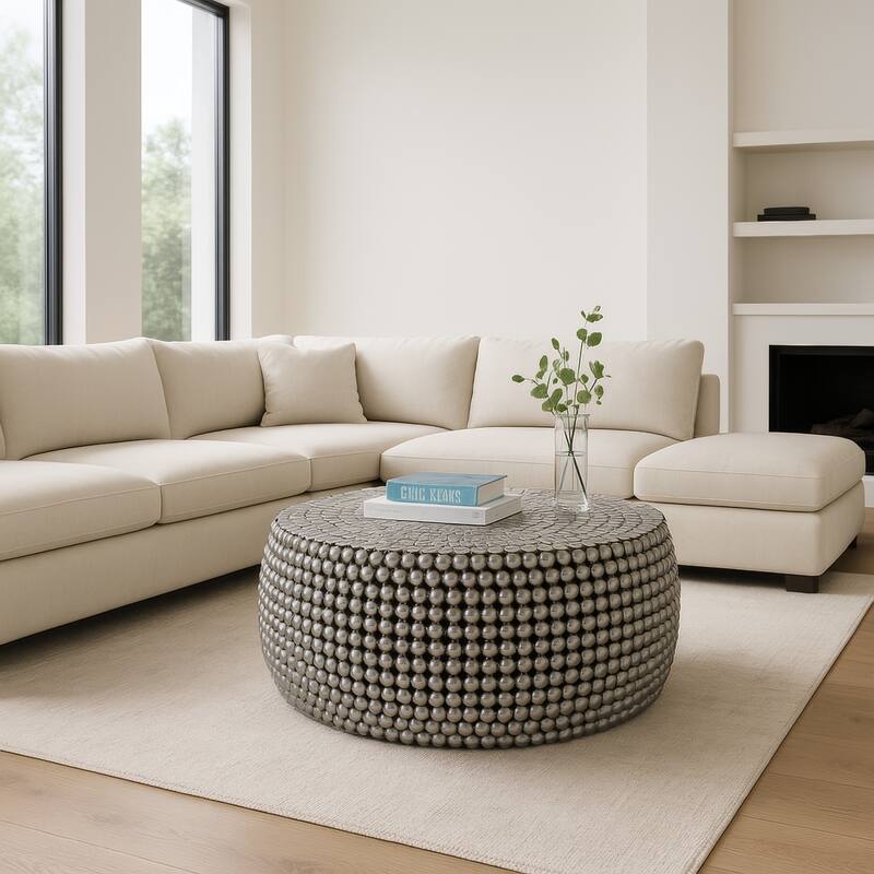 Eve 32" Coffee Table, Silver Metallic Beads Studded Pattern, Nickel Coated Iron Frame