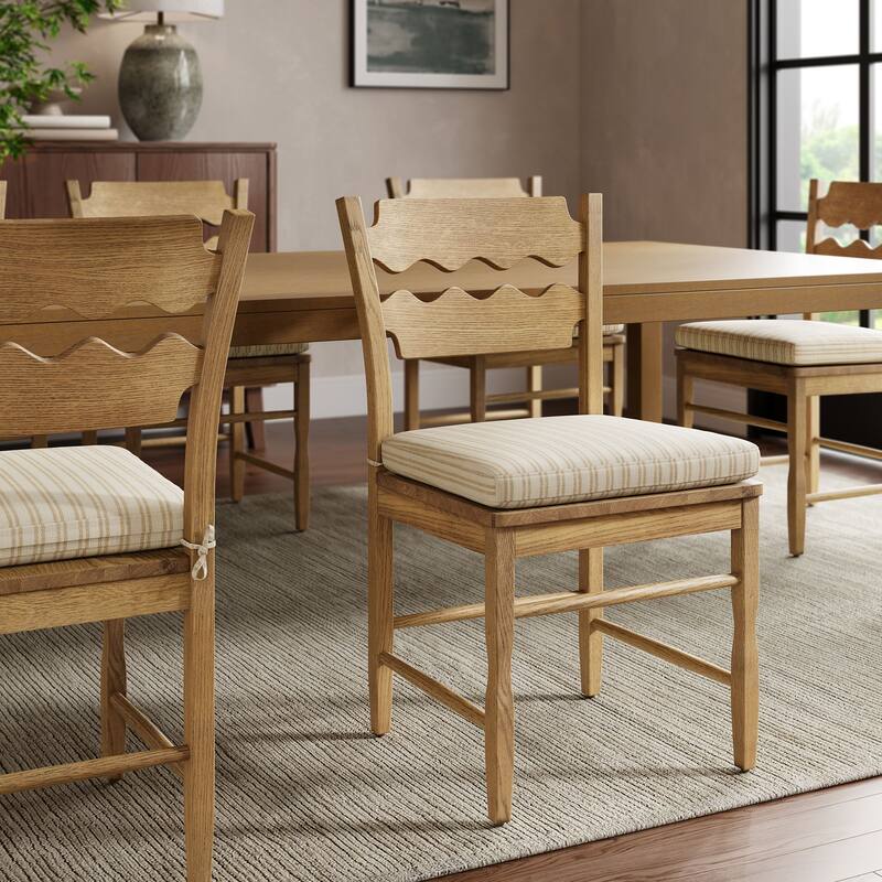 Jax Oak Wood Dining Chair With Wavy Razor Back and Cushion - Weathered Oak Oatmeal Stripe