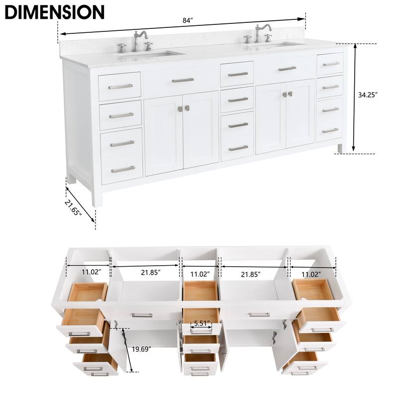 Prismatica Double Sink Bathroom Vanity 84 in White, Marble Countertop & Splash