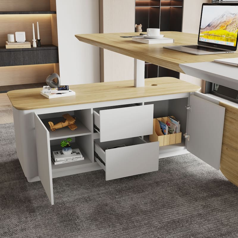 WESOME White Adjustable L Shaped Desk with LED Power Outlets, Electric Sit and Stand Desk