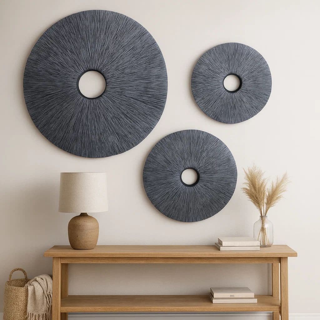 Ribbed Round Sandstone Wall Decor Set of 2 with Cut Out at Centre, Large, Gray