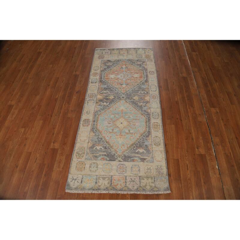 Hand Knotted Oriental 100% Wool Carpet Transitional Geometric Greys & Charcoal Oushak Area Rug - 6' 3'' X 2' 8''
