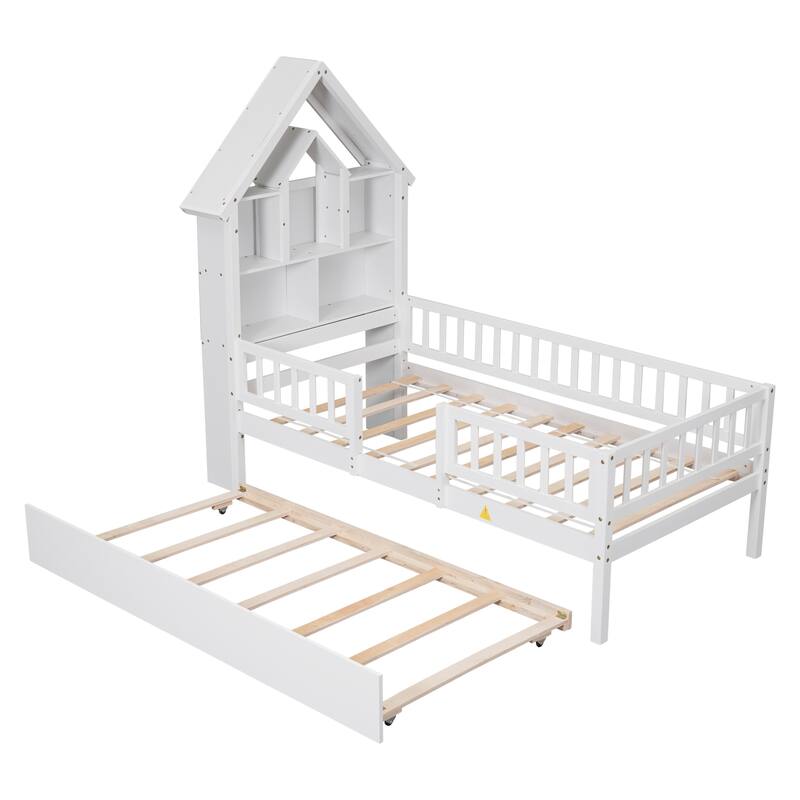 Twin Size HouseShaped Bed with Fence Guardrails, Trundle, and Storage
