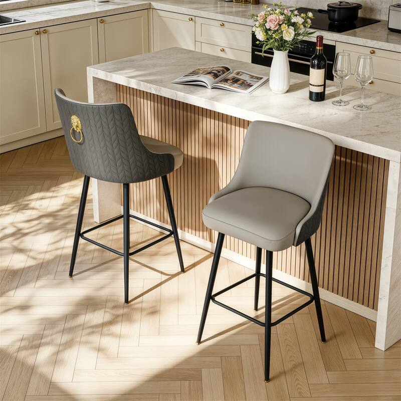 360 Swivel Upholstered Counter Height Bar Stools Kitchen Island Breakfast Chairs with Lion Head Pull Ring Footrest