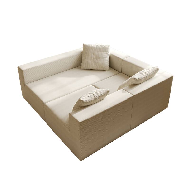 Corduroy Chaise Sectional Couch Convertible into Sleeper Sofa Bed, Deep Seating Modular Compression Sofa for Living Room