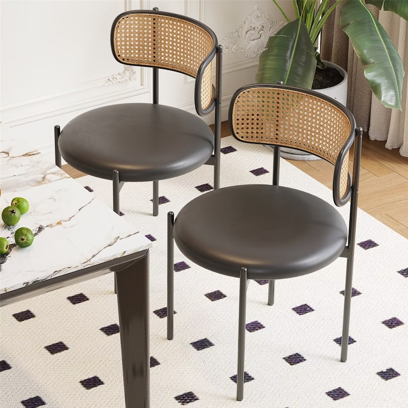PU Leather Upholstered Seat Dining Chairs with Woven Rattan Back (Set of 4)