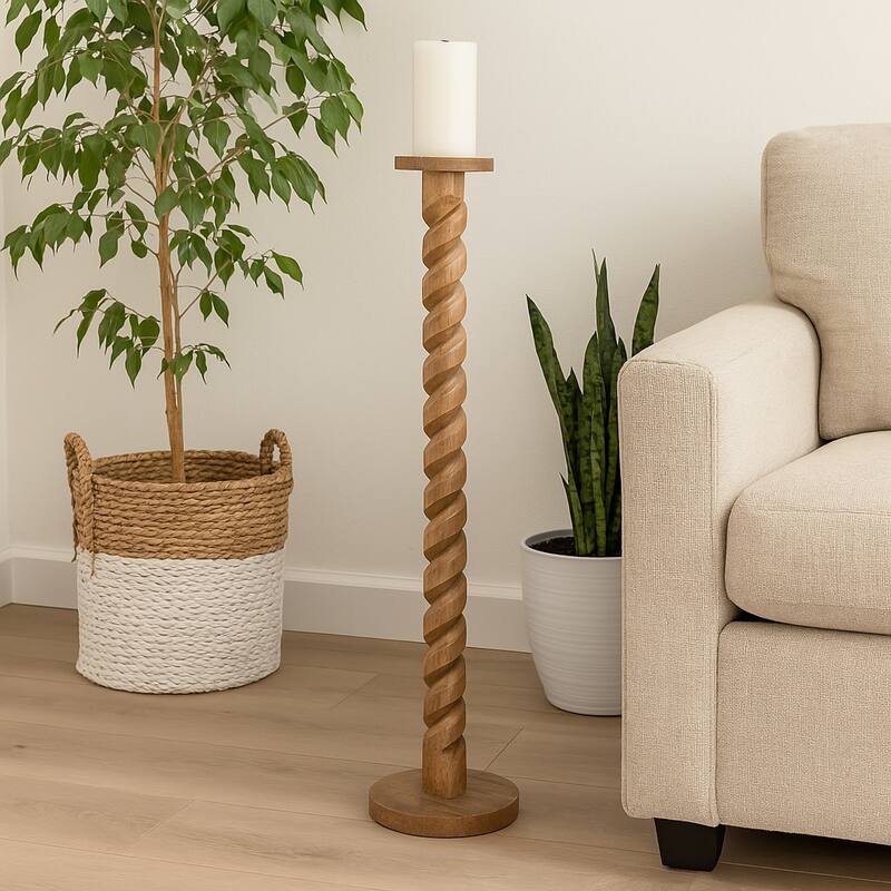 Wood Spiral Floor Pillar Candle Holder - Brown, 36 in.