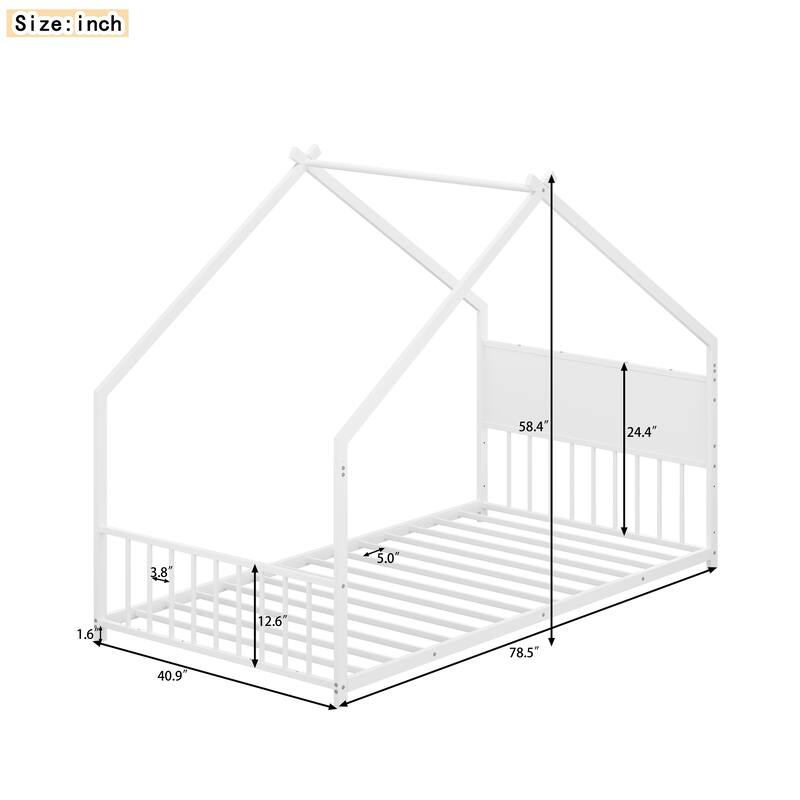 Twin Size Metal House Bed with Roof and LED Lights, Kids Bed Frame with Slats, No Box Spring Needed